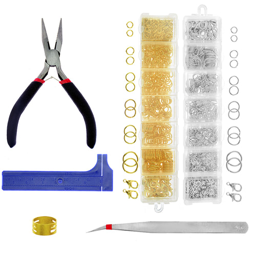 1388pcs Open Jump Rings and Lobster Clasps for Beginner Jewelry Repair Bead Making Findings Starter Kit Set with Plier Tweezer Caliper and Ring Loop Opener ( Gold and Silver )